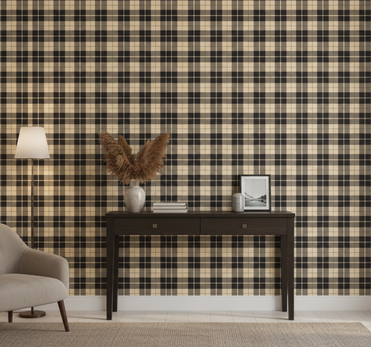 Papier peint couloir carrés beige à motifs et lignes noires - TenStickers