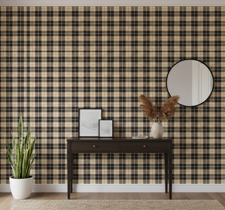 Papier peint couloir carrés beiges à motifs noirs - TenStickers