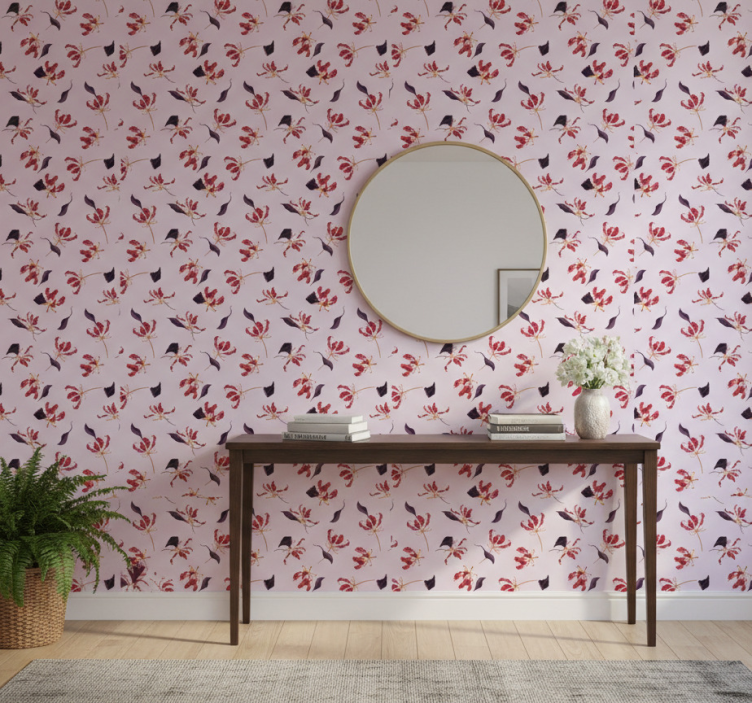 Papier peint couloir design floral lys rouge dessiné à la main - TenStickers