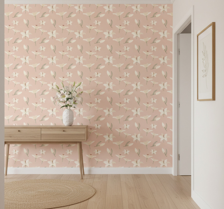 Papier peint couloir motif floral lys blanc sur fond nude - TenStickers