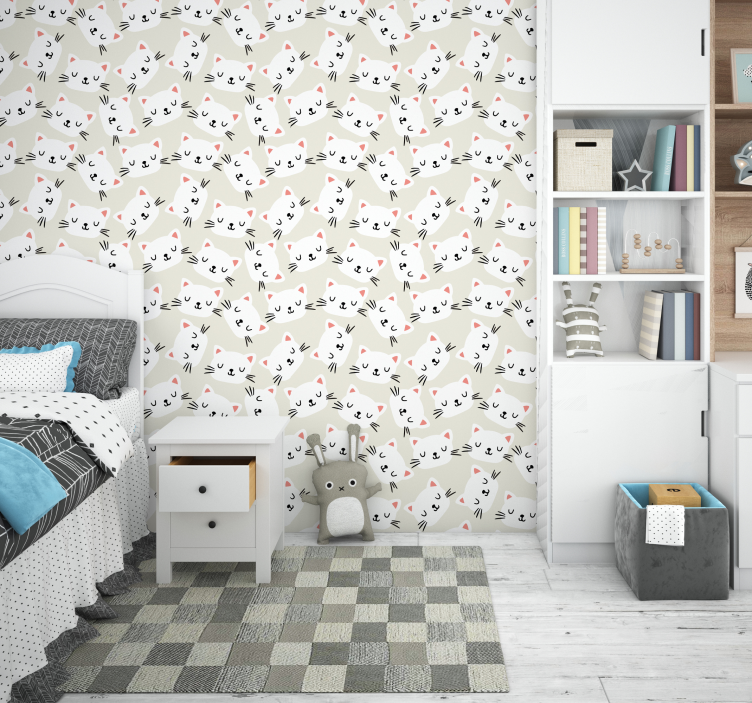 Papier peint chambre enfant têtes chats blancs - TenStickers