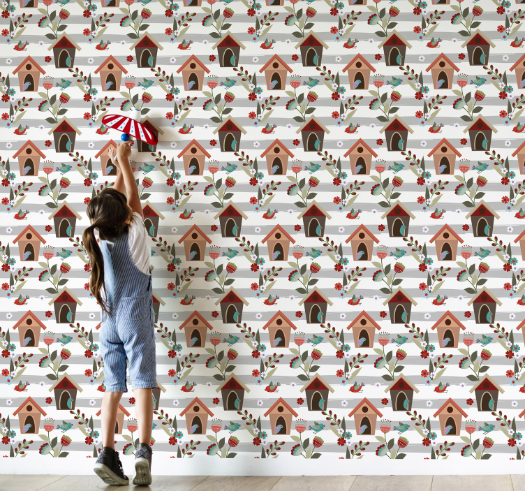 Papier peint fleuri modèle de charmants nichoirs - TenStickers