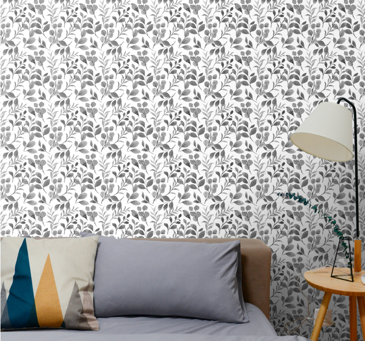 Papier peint feuillage motif gris sur fond blanc - TenStickers