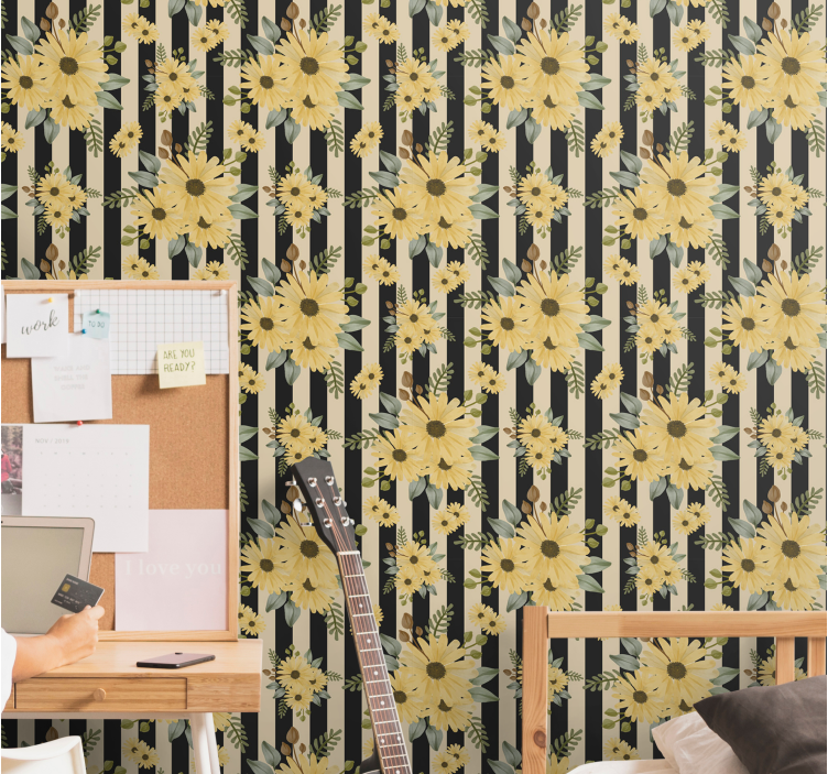 Papier peint fleuri motif tournesol rayé - TenStickers