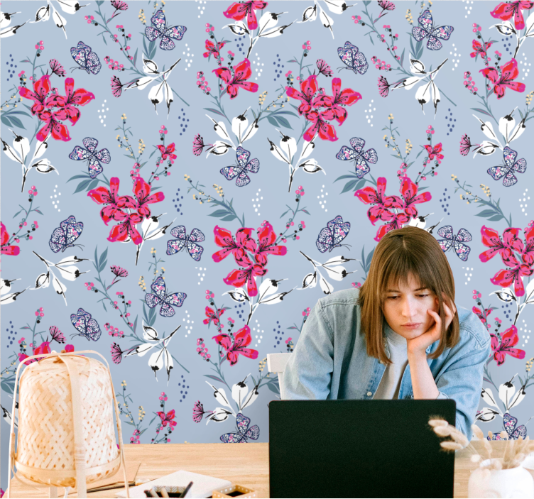 Papier peint floral avec papillons bleu et rose - TenStickers