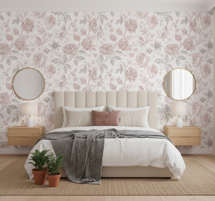 Papier peint floral croquis de rose vintage - TenStickers