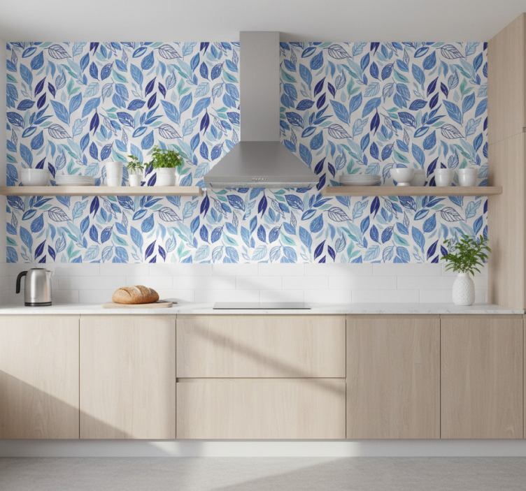 Papier peint floral feuilles dessinées en bleu - TenStickers