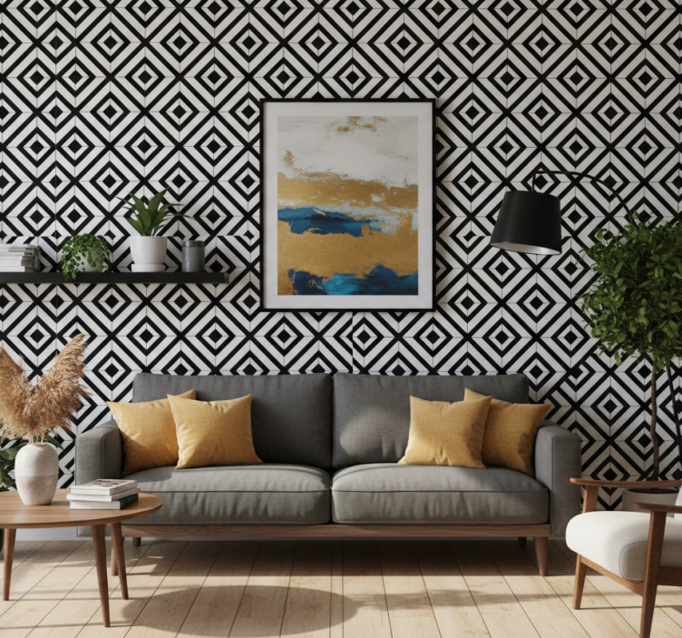 Papier peint formes géométriques diamants noirs et blancs - TenStickers
