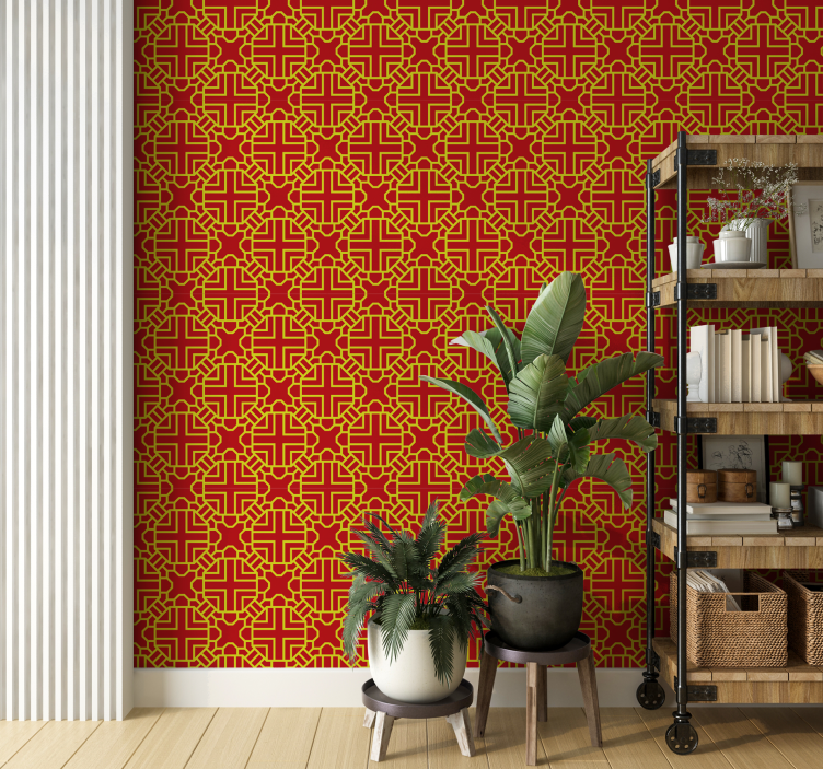 Papier peint rouge motif de treillis complexe - TenStickers