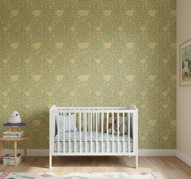 Papier peint nature motif floral subtil or et vert - TenStickers