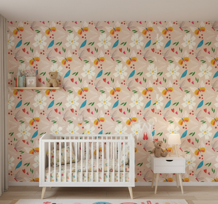 Papier peint papillons fleurs et papillons sur fond beige - TenStickers