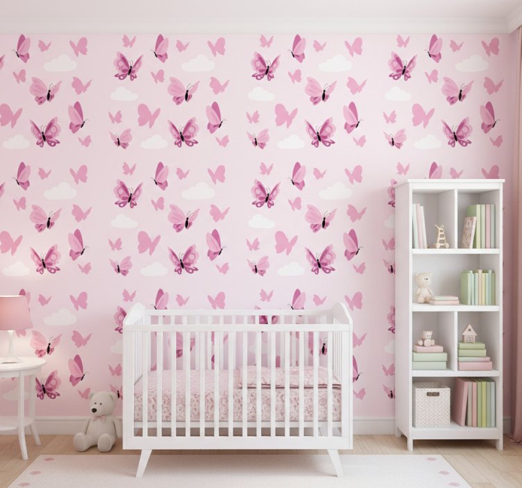 Papier peint papillons volants et nuages roses - TenStickers