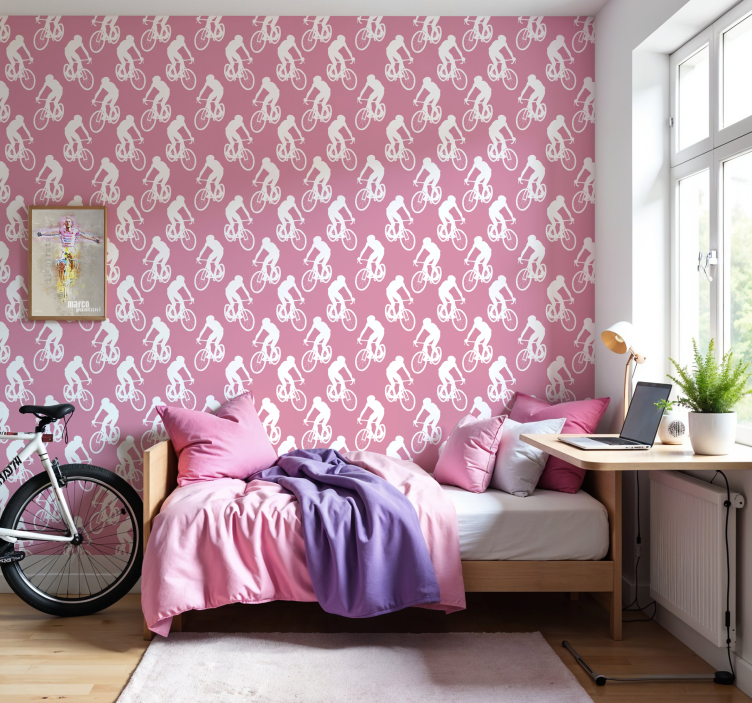 Papier peint rose motif cyclistes blancs - TenStickers