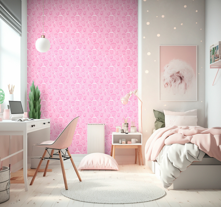 Papier peint rose motif visages de filles - TenStickers