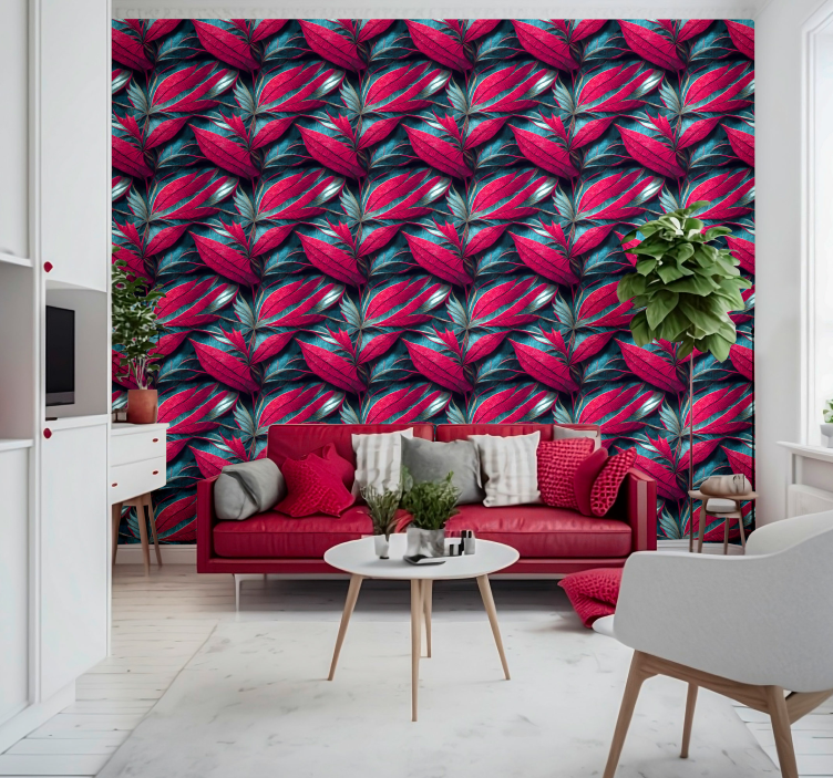 Papier peint salon feuilles tropicales magenta - TenStickers