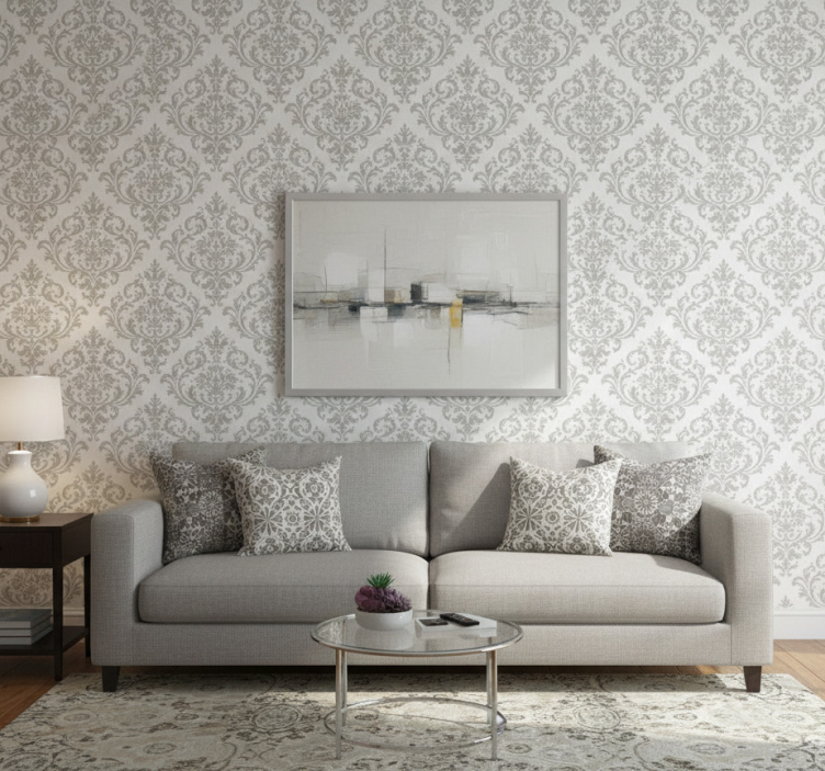 Papier peint salon motif baroque gris - TenStickers