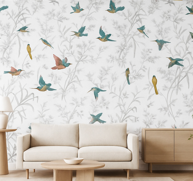 Papier peint salon motif oiseau et feuilles - TenStickers