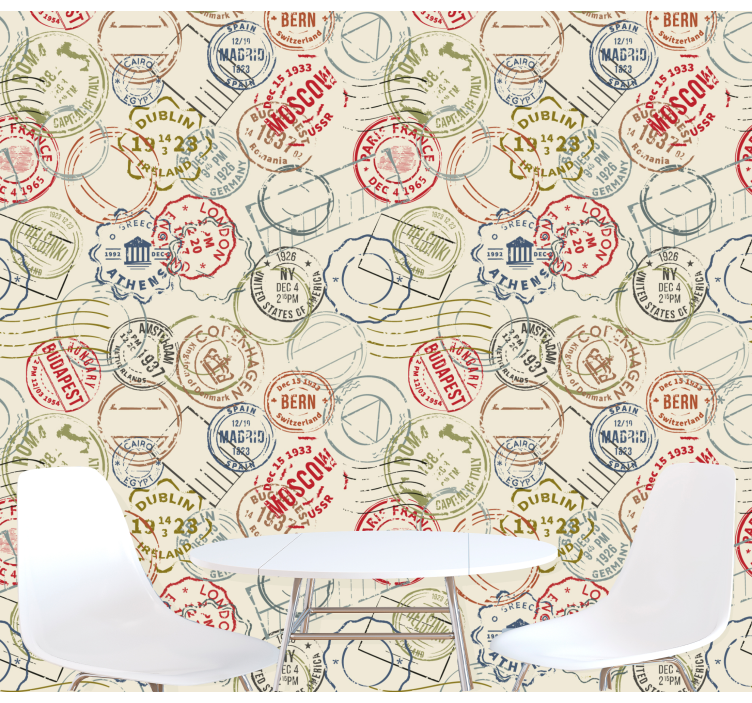 Papier peint ville collage de timbres de voyage - TenStickers
