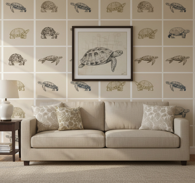 Papier peint vintage tortues sur fond beige - TenStickers