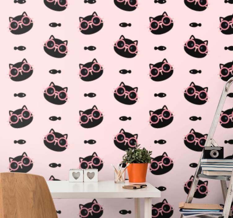 Papier peint chambre rose chats noirs avec lunettes - TenStickers