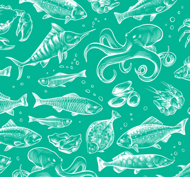 Papier peint vert Poissons dessinés main - TenStickers