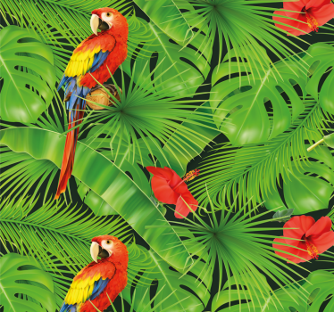 Papier peint perroquets colorés sur feuilles vertes - TenStickers