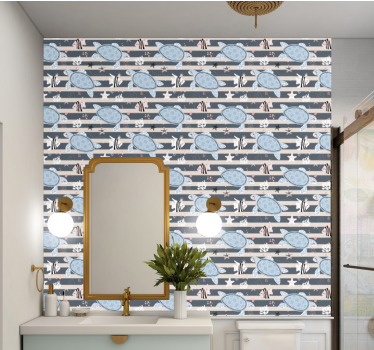 Papier peint salle de bain motif nautique de tortues et rayures - TenStickers