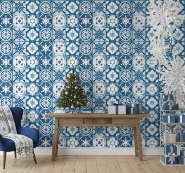 Papier peint noël carreaux de flocons bleus - TenStickers