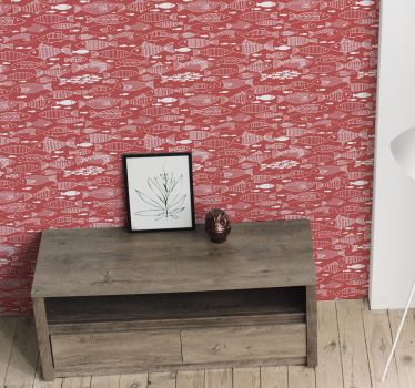 Papier peint rouge et poissons dessinés à la main - TenStickers
